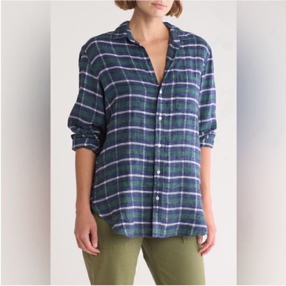 Frank & Eileen NWT Barry Plaid Boyfriend Shirt in Navy Plaid Size Small